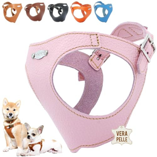 PUPAKIOTTI Brustgeschirr für kleine und mittelgroße Hunde, Leder-Hundegeschirr, ergonomisch und verstellbar, verfügbar Handgemacht in Italie (M-L, Baby Pink)
