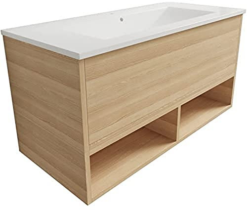 Atrios Modelo Bastet Conjunto Baño Estilo Madera con 1 Cajón, 2 Huecos y Lavabo Porcelánico, Mueble MONTADO, Suspendido en Pared, Laminado Fresno, 120 cm