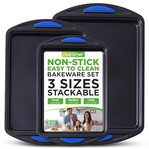 NutriChef 3-Piece Nonstick Cookie Sheets for Baking – Carbon Steel Stackable Bakeware Set w/Silicone Handles - Non Toxic Baking Pan - Durable & Wrap Resistance, Oven Safe - Easy cleanup