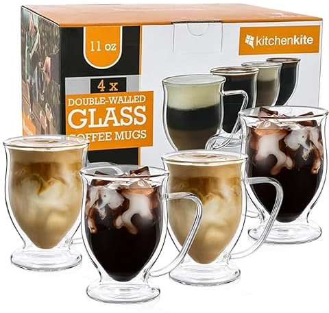 Kitchen Kite Double Wall Glass Coffee Mugs - 11oz Set of 4 Clear Mugs, Dishwasher & Microwave Safe - Insulated Design, Ideal as Cups for Tea, Latte, Cappuccino, Nespresso, Hot & Cold Beverages