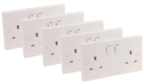 Countrywide Electrical Distributors 5 pcs x Axiom 13Amp Double Twin Switched Socket 2 Gang White Square Edge Electrical Mains Power Outlet