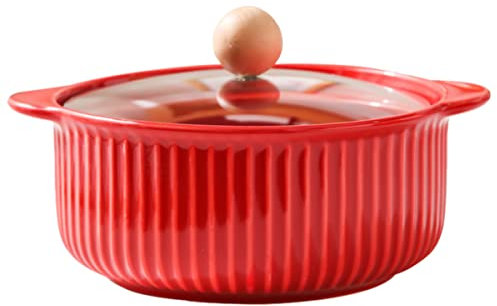 BESPORTBLE Suppentopf Keramik Eintopf Suppenterrine Porzellan Terrine Suppenschüssel Mit Deckel Doppelohr Suppentopfe Kochtopfe Dessertschale Schmorpfann Keramikgeschirr für Küche Zuhause Rot