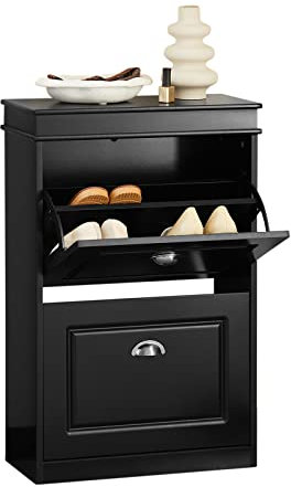 SoBuy Schuhschrank mit 2 Klappen - Schmaler Schuhkipper mit 4 Ablagen, Verstellbares Schuhregal für Diele, Flur & Eingangsbereich - Flurschrank mit Kippsicherung 54x82x24cm Schwarz FSR78-SCH