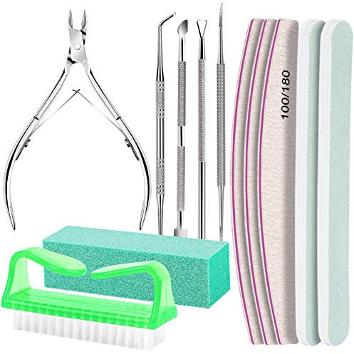 FANDAMEI 12pcs Nail Files Set with Cuticle Nipper, Nail File and Buffer Set & Cuticle Pusher Nail Kit, 100/180 Nail Buffer Block Nail Scraper Nail Brush Cuticle Remover Tool as Manicure Kit, Green