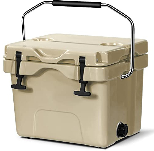 COSTWAY 16 Quart Cooler, 24 Can Insulated Ice Chest Box with Heavy Duty Handle and 2 Cup Holders, 3-5 Days Ice Retention, Portable Leakproof Hard Cooler for Camping, Fishing, Picnic, Outdoor (Khaki)