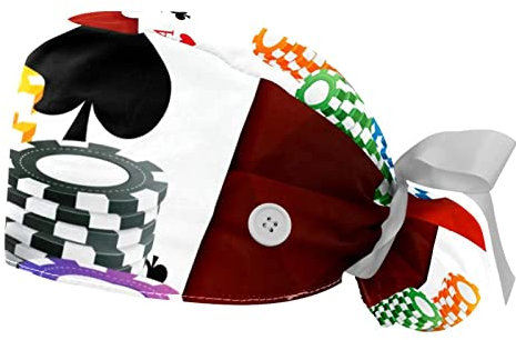 WOSHJIUK Scrub-Hut 2 Stück Arbeitsmützen mit Knopf und Schweißband verstellbar,Spielkarten,Hut zum Binden