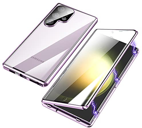 ksscaly Hülle für Samsung Galaxy S23 Ultra, 360 Grad Schutz Case mit Safty Lock Magnetische Adsorption Metallrahmen Cover Vorder und Rückseite Gehärtetes Glas Handyhülle für Samsung S23U (Violett)