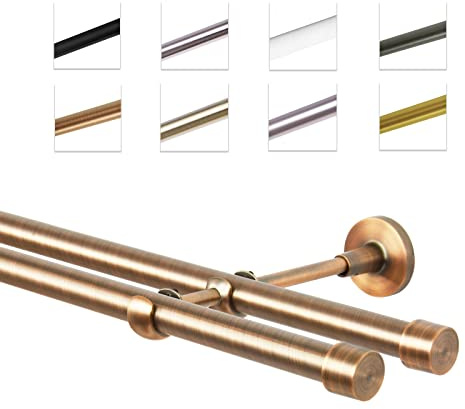 MDEKOR Gardinenstange 140 cm doppelläufig | Vorhangstange für die Wandmontage Kupfer aus Metall | Gardinenstangenset Ø 19mm