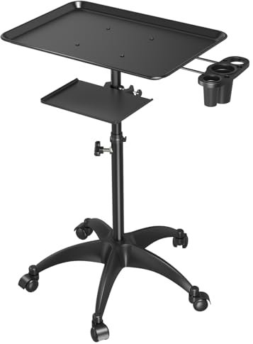 Salon Rollwagen mit Ablagefläche und Stauraum, aus Aluminium, höhenverstellbarer Tattoo-Tablettwagen mit Rädern, Zubehör für Salon- und Spa-Dienstleistungen, Schwarz
