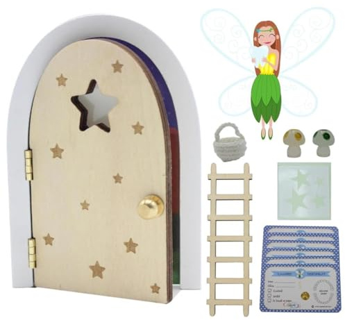 Qué Kawaii® Zahnfee Tür Set Kinder – Magische Zahnfee Tür aus Holz zum Öffnen mit Leiter, Zubehör & 6 Zertifikaten, Geschenk Zahnfee, 6 Zertifikate – Natur