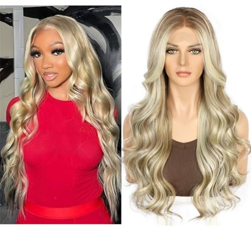Sapphirewigs Blonde Lace Front Perücke Highlight Synthetische Körper Welle Perücken für Frauen Balayage Perücke Damen Party Datum Täglich Tragen Natürlich Aussehen Weihnachten 26inch