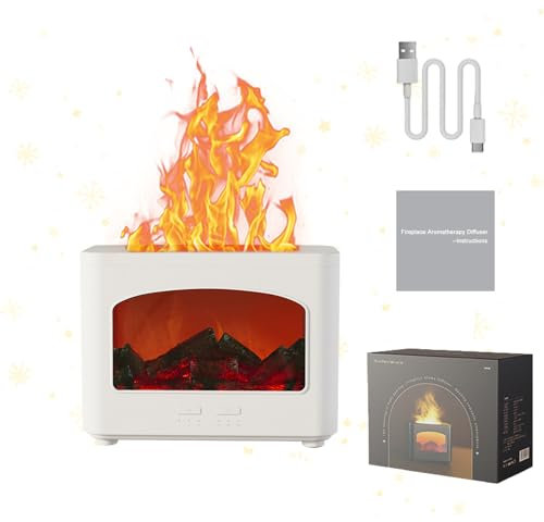 Aroma Diffuser mit Flammeneffekt, 240ML Wassertank Luftbefeuchter mit Kamin Licht, Super Leise Aroma Diffuser für Ätherische Öle, Luftbefeuchter mit Timer & Wasserlose Abschaltautomatik (Weiß)