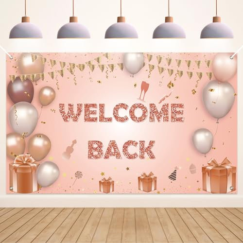 Koliphy Welcome Back Banner, Willkommen Zurück Deko für Familienfeiern Klassenzimmer Schule Saison Familie Party Dekoration, Rose Gold, 180 x 110cm