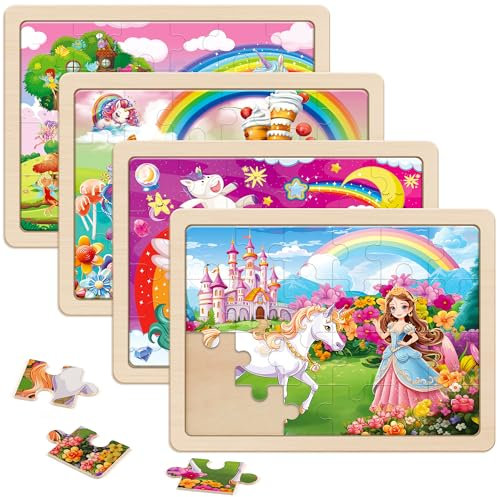 SYNARRY Puzzle Einhorn Prinzessin ab 3 4 5 6 Jahre, 4x24 Teilen Kinder Mädchen Holzpuzzle, Vorschule Lehrreiches Spielzeug, Geschenke für Kinder Mädchen Jungen