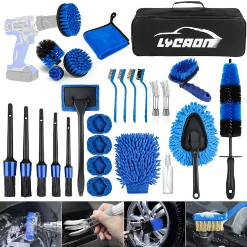 LYACON Juego de limpieza de coche, 28 unidades, con bolsa de transporte, juego de limpieza para interior y exterior, rejilla de ventilación, salpicadero, motor, ruedas, limpieza del hogar