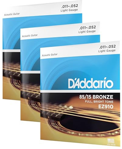 D'Addario Gitarrensaiten Westerngitarre | Gitarrensaiten Akustikgitarre | Acoustic Guitar Strings | Saiten Westerngitarre | DER BELIEBTESTEN SAITENMARKE WELTWEIT | EZ910 | 85/15 Bronze | Light (11-52)