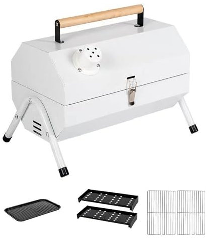 Tazyee Mini Parrilla De Carbón Portátil, Horno De Barbacoa para Estofar De Acero Inoxidable, con Cubierta Parrilla De Leña Integrada para Acampar Al Aire Libre, Estufa De Barbacoa para Picnic White
