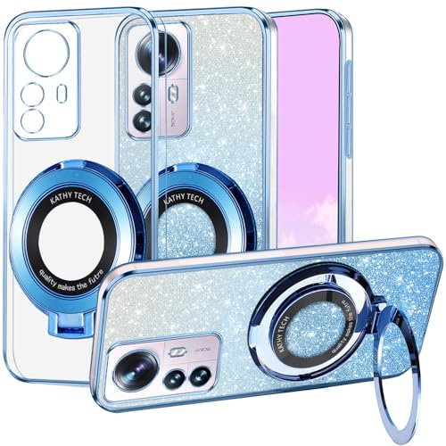 Kainevy Cover per Xiaomi 12 Pro Trasparente Magnetica con Anello Supporto Compatibile con MagSafe, Sottile Silicone Custodia per Xiaomi 12 Pro Glitter 2 in 1 Copertura Separabile Rosa (Blu)