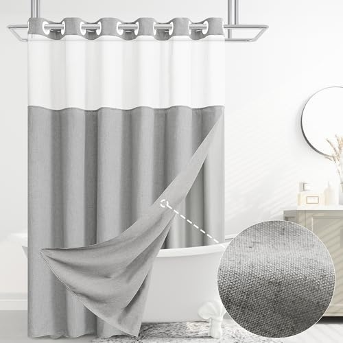 Jowels Tenda da doccia e fodera in lino, senza bisogno di ganci, tende da doccia per il bagno con finestra superiore trasparente, tessuto resistente all'acqua, 72 x 72 cm, grigio chiaro