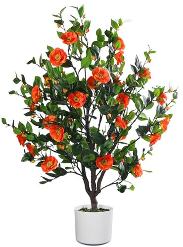 Leflos 120cm künstlicher Blumenbaum, realistischer Orange Kamelienblütenbaum, Florale Blumenpflanze in weißen Topf für Home Indoor Deko