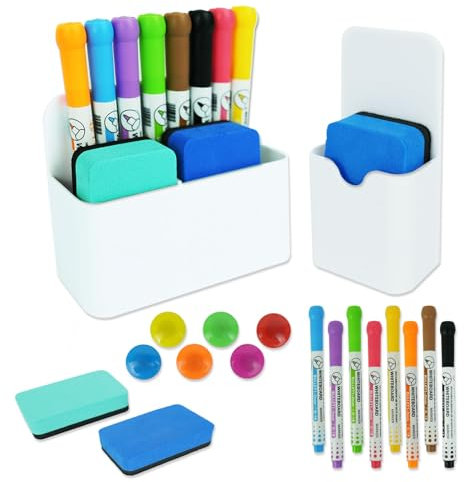 Morocket 18 Whiteboard Zubehör Set - Magnetische Stifthalter mit Schwamm und 8 Marker für Whiteboard, Kühlschrank, Büro