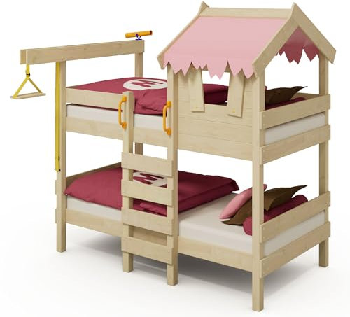 Wickey Kinderbett Crazy Huggy - Etagenbett, Spielbett für Kinder aus Massivholz mit Planendach - 90 x 200 cm - pastellpinke Plane