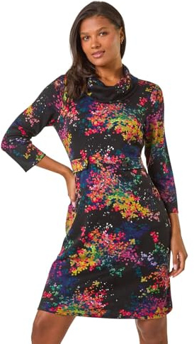 Roman Cowl Neck Dress for Women UK - Ladies Button Detail Shift Work Office Autumn Winter Knee Length Casual 3/4 Full Length Sleeve Round High Warm Neckline - Purple Multi - Size 14