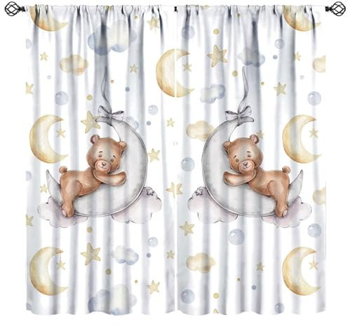 Mchenxin Vorhänge mit Cartoon-Bär-Motiv für Kinder, niedlicher Teddybär, schläft Aquarell, Mond und Sterne, Fenstervorhänge für Baby-Schlafzimmer, Kinderzimmer, Wohnzimmer, 106,7 x 114,3 cm (ohne