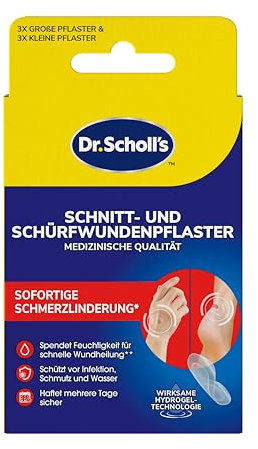 Dr. Scholl's Schnitt- und Schürfwundenpflaster mit Hydrogel-Technologie - Packung mit 6 Stück, 3 große und 3 kleine Pflaster, Lindert Schmerzen sofort, spendet Feuchtigkeit für schnelle Wundheilung