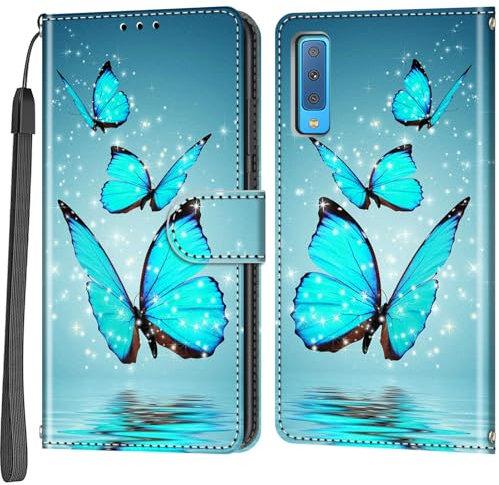 Handyhülle für Samsung Galaxy A7 (2018) Hülle, Magnetische Stoßfeste Flip Leder Schutzhülle Klapphülle, Schmetterling