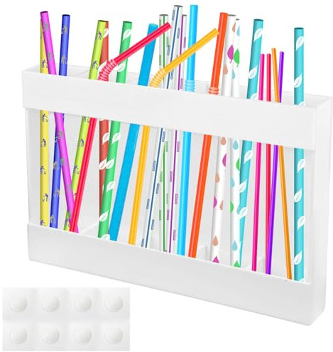 Acrylic Straw Holder Dispenser with Double Sided Adhesive Tape, Wall Mounted Straw Organizer, Reusable Tumbler Glass Drinking Storage Container Box for Counter Cabinet Cupboard Kitchen Rack(White)
