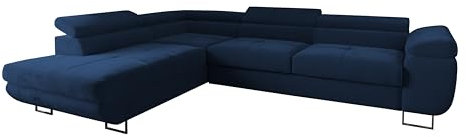Ecksofa Luna mit Schlaffunktion und Bettkasten – 275x202 cm – verstellbare Kopfstützen – Liegefläche 193x125 cm – Couch – Schlafsofa – L-Sofa mit Stauraum (Monolith 77 Marineblau, Seite: Links)