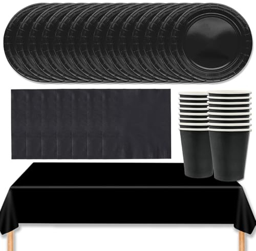 MOMAHUA Set di 69 stoviglie nere per 16 ospiti, set di stoviglie in carta, per feste di compleanno, set con tovaglia, piatti di carta, tovaglioli per matrimoni, decorazioni natalizie