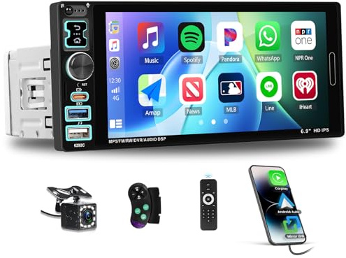 GOHHDL Autoradio Carplay 1 DIN avec Android Auto Mirror Link, Autoradio 1 DIN avec écran Tactile 6,9 Pouces, Bluetooth, Radio FM, USB, AUX, EQ, Caméra de recul, Microphone et Télécommandes