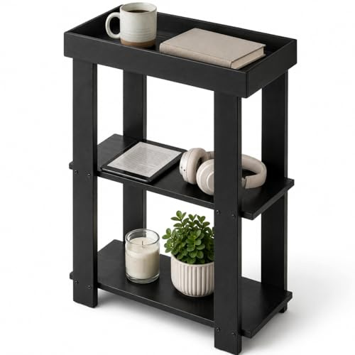 ZEXVIDA Narrow Side Table Black, 3-Tier Side Table, Rustic Farmhouse Narrow End Table with Storage, Slim Table Nightstand for Small Spaces, Bedroom or Living Room (Black)