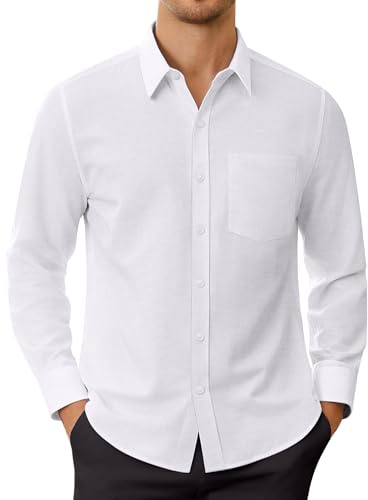 J.VER White Oxford Shirts for Men Fashion Long Sleeve Non Iron Regular Fit Smart Casual Work Business Wedding Dress Shirt with Pocket L