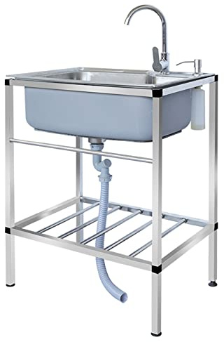 ASerZenith Évier De Cuisine Mobile en Acier Inoxydable, Autoportant, Lave-Mains Commercial, pour Garage, Jardin, Cuisine, Camping-Car, Robinet d'eau Froide, Station De Lav