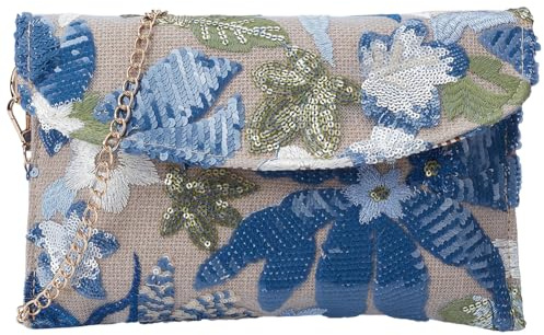 FREEBLOSS Clutch Geldbörse Für Damen Bestickte Florale Abendclutch Für Hochzeitsfeiern Bestickte Pailletten Perlen Umhängetasche Mit Goldener Kette (Musterposition Nicht Fixiert)