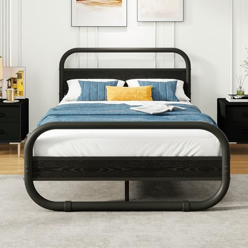 HOMERECOMMEND Metallbett 120x200,Bettrahmen aus Metall und Holz mit Lattenrost,Bettgestell 120x200 mit Kopfteil, ovales Plattformbett mit Stauraum unter dem Bett,Schwarz