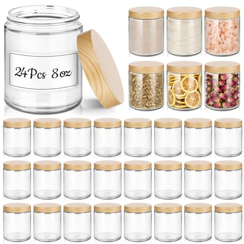 Bumobum Lot de 24 pots à bougies en verre transparent avec couvercles en plastique grain de bois, contenants pour beurre corporel pour lotion, crèmes, gommages corporels, pommades (240 ml)