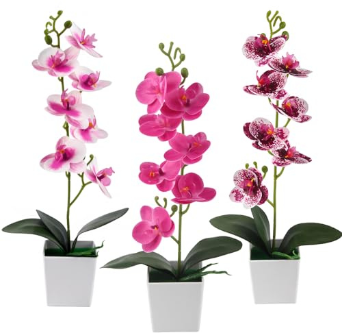 RobLuX 3 Stück Orchideen Künstlich Wie Echt 39 cm Künstliche Blumen im Topf Orchidee Zierpflanzen Künstliche Orchideen Im Topf für Tischdekoration Wohnkultur (Lila Herz geflecktes Lila Rosenrot)