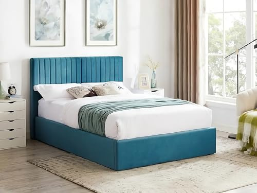 Home Divine Derby Otoman Storage Bed Frame Gas Lifting with storage underneath No Mattress Ottoman Storage Bed Plush Velvet Fabric Ottoman Bed Frame (Teal, Double 4ft 6inch)