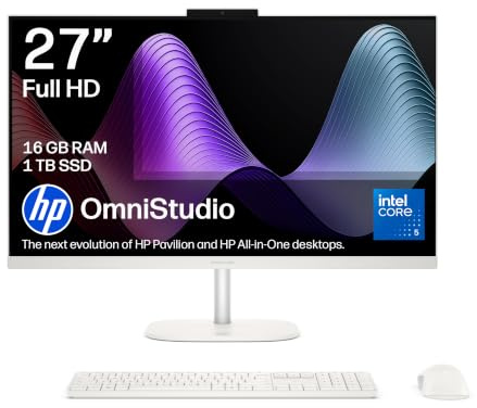 HP OmniStudio 27” All-in-One PC | Intel Core 5 120U | 16GB RAM | 1TB SSD | Intel Graphics | 27” Full HD Display | Dual Speakers | Wireless Keyboard & Mouse | Windows 11 | White | 27-cu0001sa
