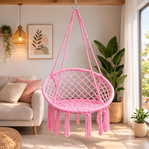 Emirates Living Macrame Hanging Pink Swing Chair – Boho Rope Hammock Chair for Indoor Outdoor Use, Garden Swing Seat for Balcony, Patio, Terrace & Living Room Décor