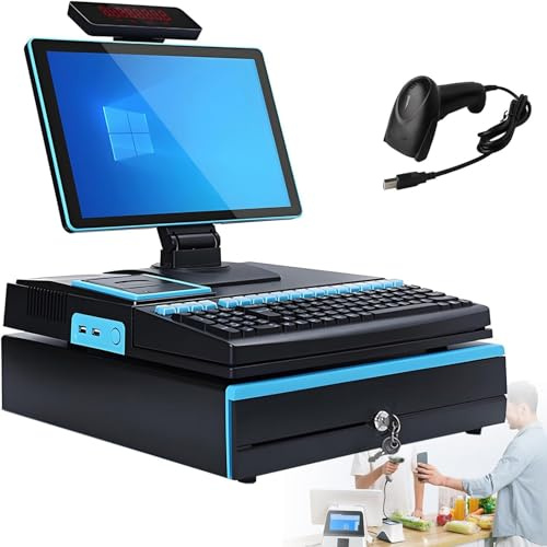 Dfdieratve All-in-One POS Terminal mit Scanner & 58mm Bon-Drucker, Geldlade, 15,6 Touchscreen, i5, 8GB RAM, 128GB SSD, Windows 10 – für Einzelhandel, Gastronomie, kleine Unternehmen Blue