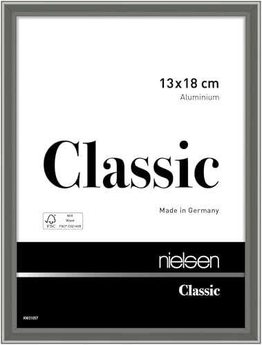 nielsen Bilderrahmen, 13 x 18 cm, Aluminium, Grau glanz, Fotorahmen zum Auftstellen und Aufhängen im Hoch- & Querformat, Echtglas, Classic