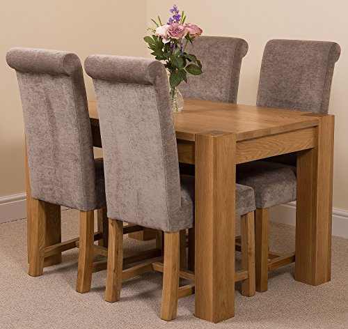 Oak Furniture King Solid Oak Dining Table & Chairs Set 4 Seater Kitchen Dining Set – Kuba 125 x 80 cm Wooden Table & Washington Upholstered Grey Fabric Chairs, Natural Finish
