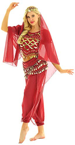 inhzoy Frauen Bauchtänzerin Kostüm Puffärmel Pailletten Oberteile mit Pluderhosen Hüfttuch und Kopftuch Set Tanz Outfit Rot Einheitsgröße