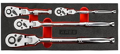 ARES 42040-4-Piece 72-Tooth Flex Head Ratchet Set - Premium Chrome Vanadium Steel Construction & Chrome Plated Finish - 72-Tooth Quick Release Reversible Design with 5 Degree Swing