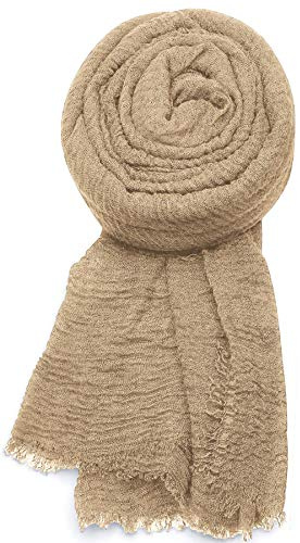 World of Shawls Chic Ladies Cotton Blend Crinkle Distressed Effect Scarf with Fringed Edges (Tan)